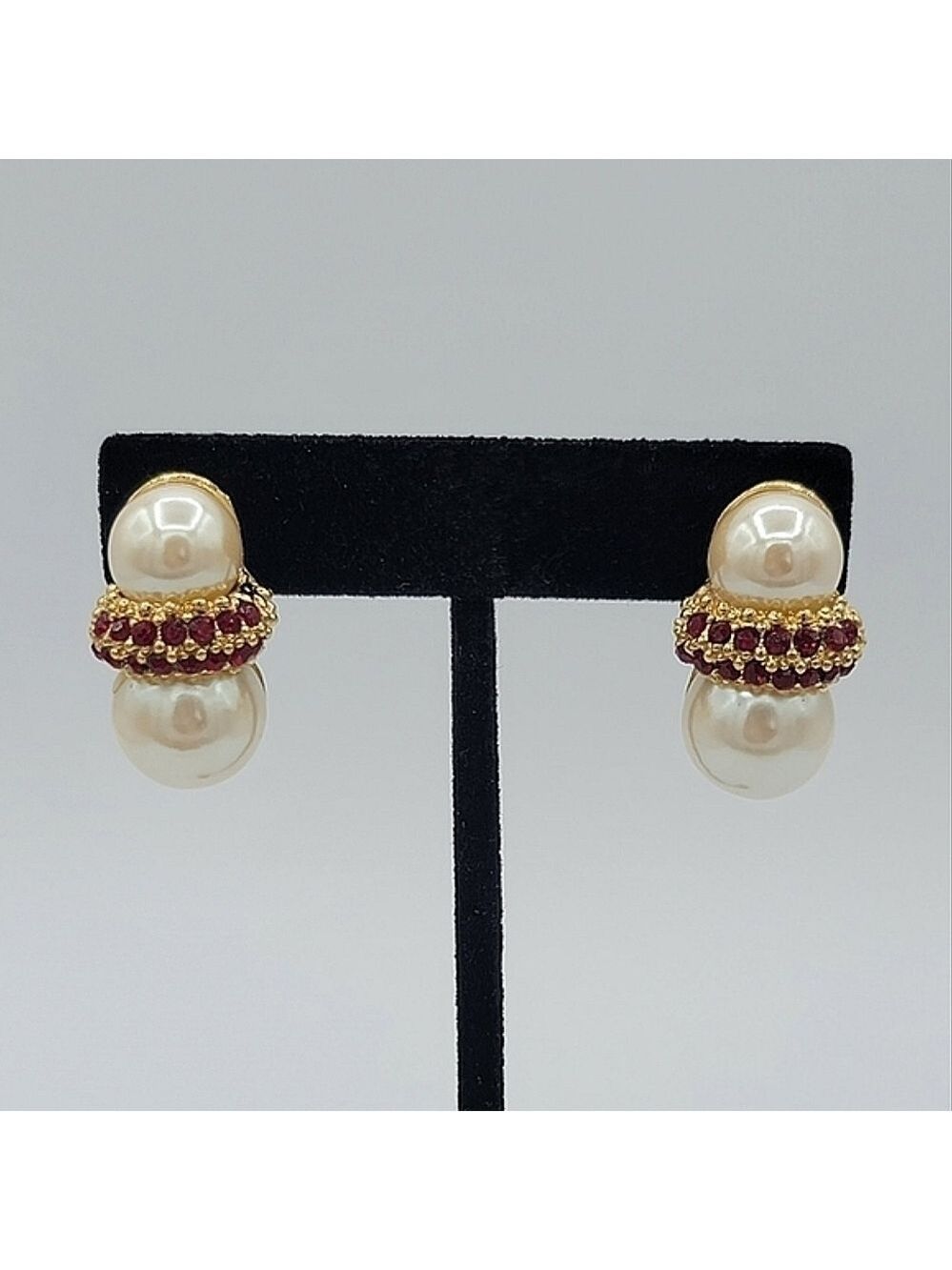 Vintage Richelieu Earrings Gold Tone Faux Pearl Red Crystal #874